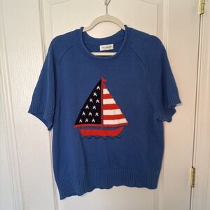 Free Assembly Sailboat Sweater XXL Blue Americana Flag Intarsia Knit Nautical